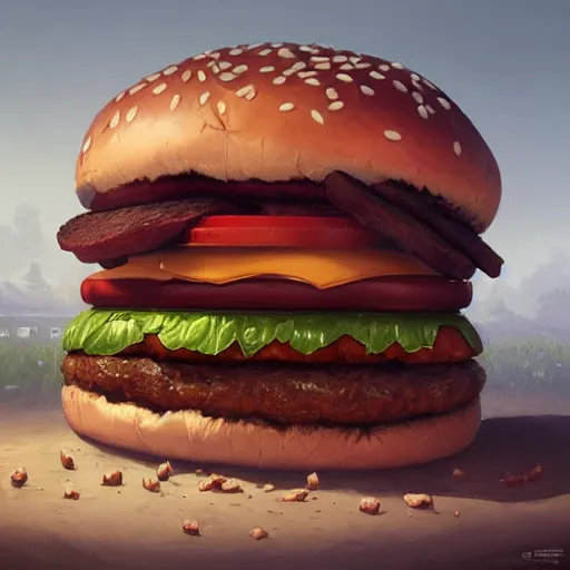 Prompt: a monster with a hamburger head, burger with eyes in the bread, burger with a mouth, teeth between bread and patty, character concept art, fantasy drawing, illustration, highly detailed, hyperrealistic, cgsociety, artstation, oil painting by greg rutkowski