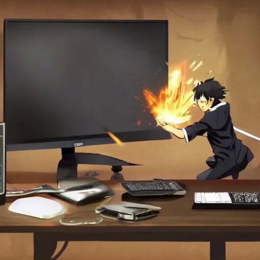 Image similar to angry weeb fan destroy his monitor and smashes his keyboard into the wall after genshin impact shut down, realistic, hdr, clear image, hdd, dynamic lighting, rtx on,