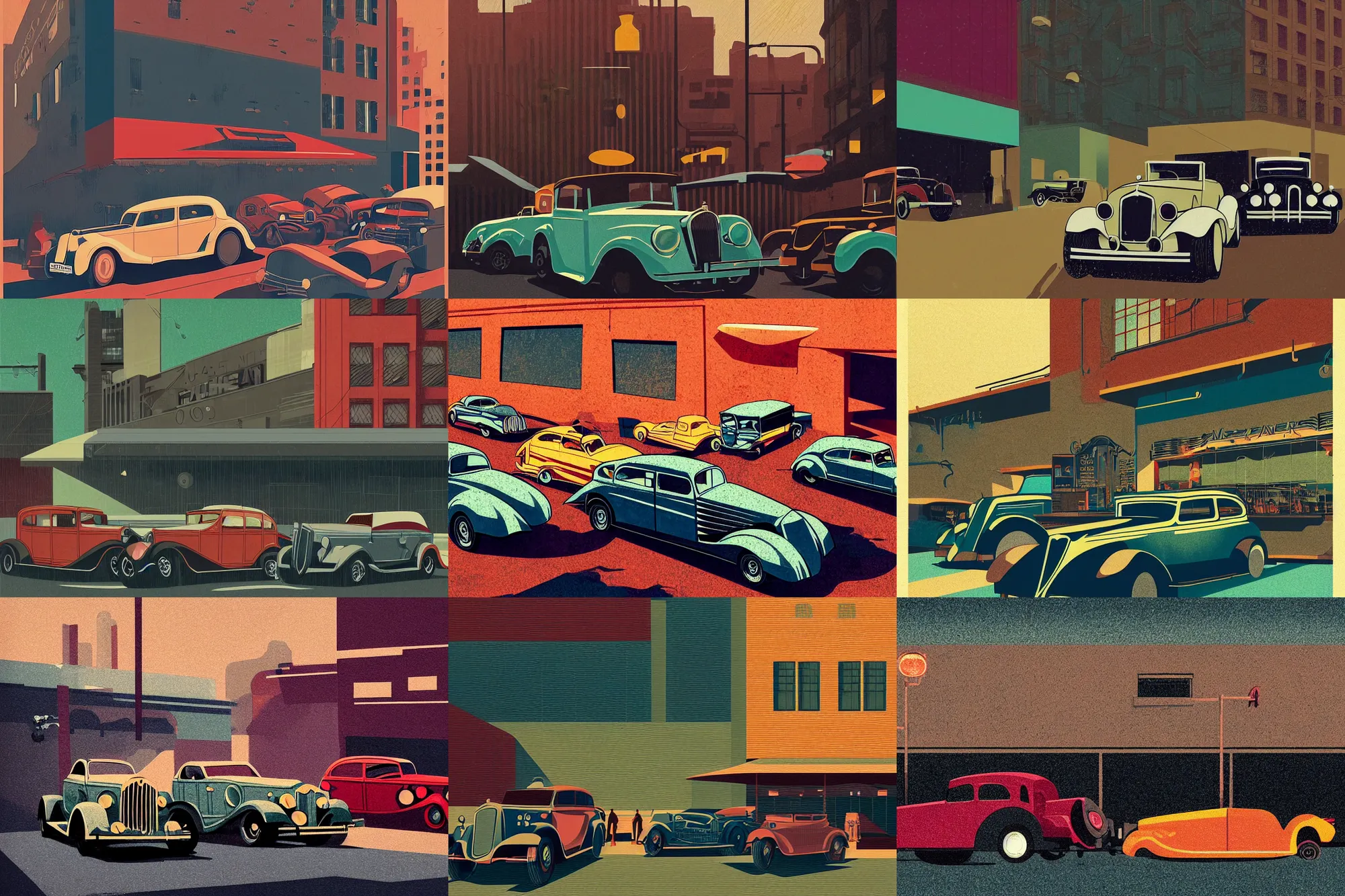 Prompt: illustrated portrait of 1 9 3 0 s cars parked outside a bar, modern art deco, colorful, mads berg, christopher balaskas, victo ngai, fine texture, detailed, muted colors, dynamic composition, matte print, wide angle, moody, ( ( stippling light ) ), very grainy texture