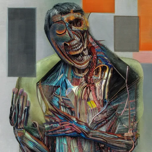 Prompt: a glitched art painting of mechanically wired dark carcass salesman, solid colors, flat color, francis bacon, h. r. giger, joao ruas, photo realistic, 4 k, complimentary color scheme