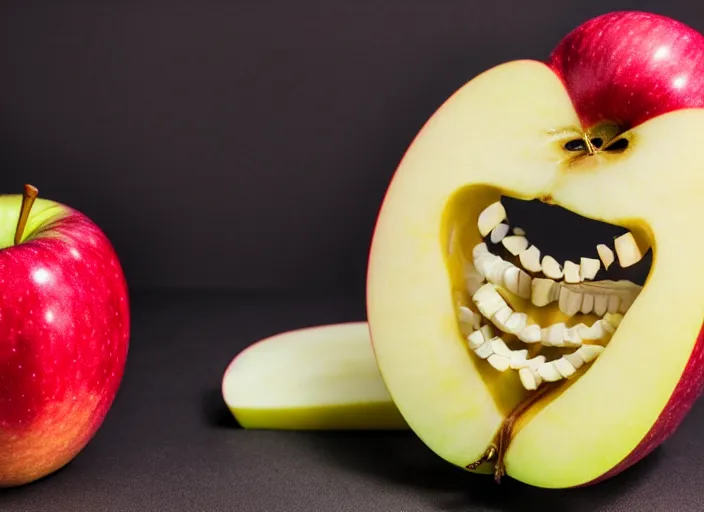 Image similar to photo still of an apple with human teeth, 8 k, studio lighting bright ambient lighting key light, 8 5 mm f 1. 8