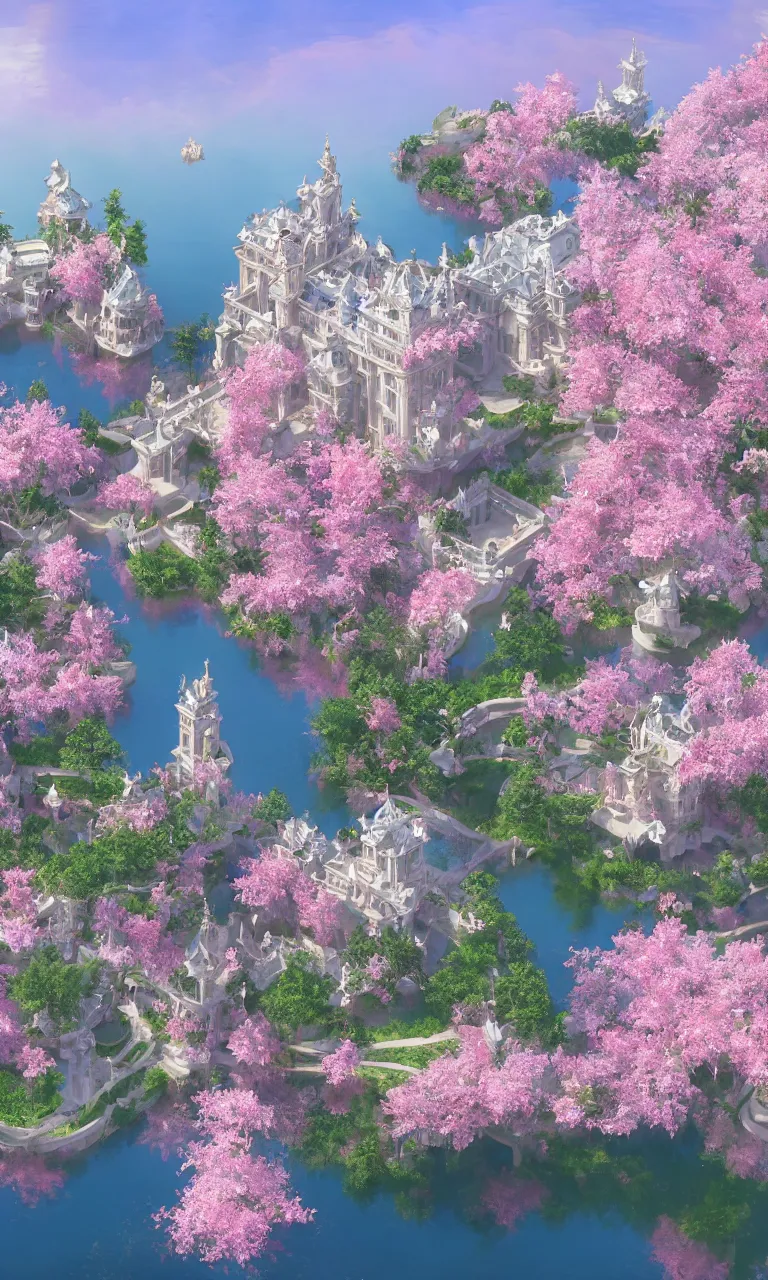 Image similar to magic baroque - style palace on the island, paradise, white, pink, luminous water, water reflection ， sakura, magic, realism, unreal engine, super detail, lifelike, 8 k, masterpiece, artstation, panorama, wide angle