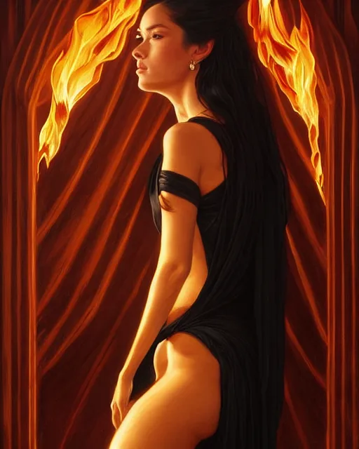 Image similar to Olivia Rodrigo in an elegant black silk dress casting a fire spell, medium-length portrait, dramatic lighting, D&D, fantasy, intricate, elegant, highly detailed, digital painting, artstation, concept art, matte, sharp focus, illustration, hearthstone, art by Artgerm and Greg Rutkowski and Alphonse Mucha