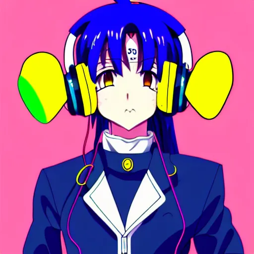 Image similar to An anime character's head wearing retro headphones. 90s anime, Sailor Moon, Neon Genesis, official art, flat cell shading, fantastic screenshot art, trending on artstation, muted nostalgic colors