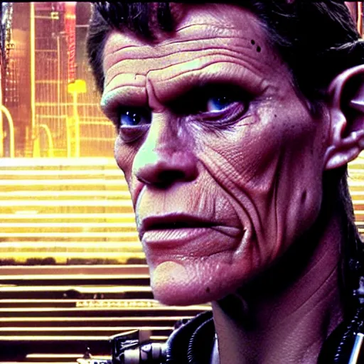 Image similar to william dafoe as a cyborg in a cyberpunk story in a distopic futuristic city in the style of bladerunner, movie still, highly detailed