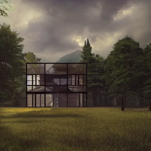 Prompt: modernist house inspired by a tibetan palace, in a field, big trees, clouds, dramatic lighting, artstation, matte painting, raphael lacoste, simon stalenhag, frank lloyd wright, drone view