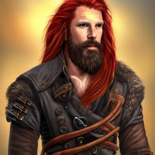 Image similar to portrait of a rugged!!!! male captain with long red hair!!!!!!, upper body, flowing hair, ethereal, handsome, smirk, leather coat, pirate!!!!!!!, ocean, D&D, fantasy, simple clothing!!!!, elegant, highly detailed, digital painting, deviantart, artstation, concept art, sharp focus, illustration, art by Artgerm and Greg Rutkowski and Alphonse Mucha