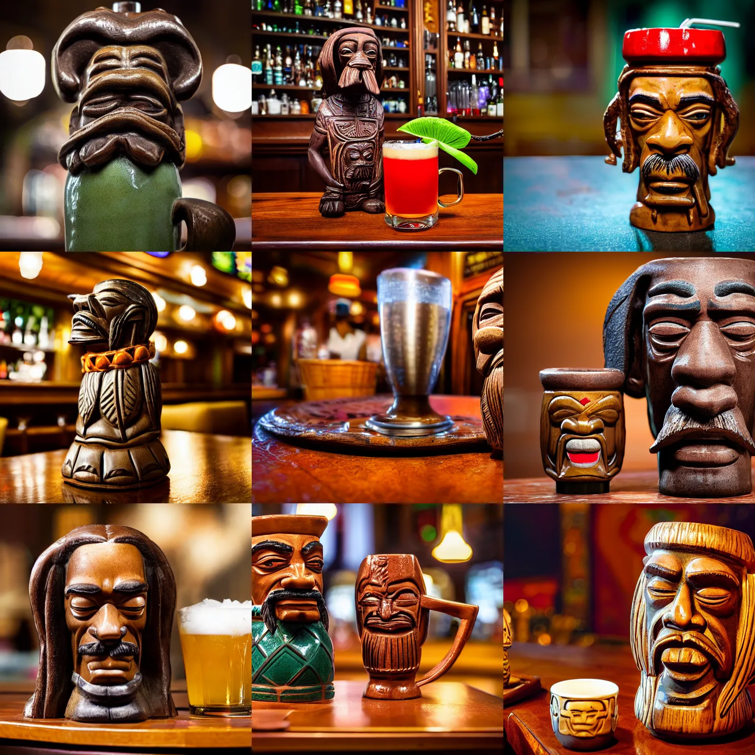 Prompt: a closeup photorealistic photograph of a trader vic's snoop dogg tiki mug sitting next to snoop dogg at the trader vic's bar. brightly lit scene. this 4 k hd image is trending on artstation, featured on behance, well - rendered, extra crisp, features intricate detail, epic composition and the style of unreal engine.