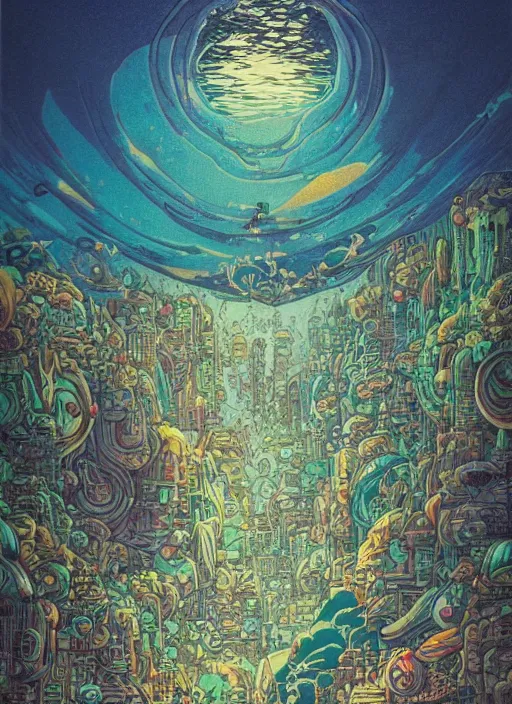 Image similar to 70s vintage anime illustration by Studio Ghibli and by James Jean, giant underwater city amongst cliffs at night by Jeffery Smith by Mati Klarwein, underwater Atlantean city landscape lights up the dark sea with bold colors, a surreal magical aura surrounds this hidden city lighting up the darkness