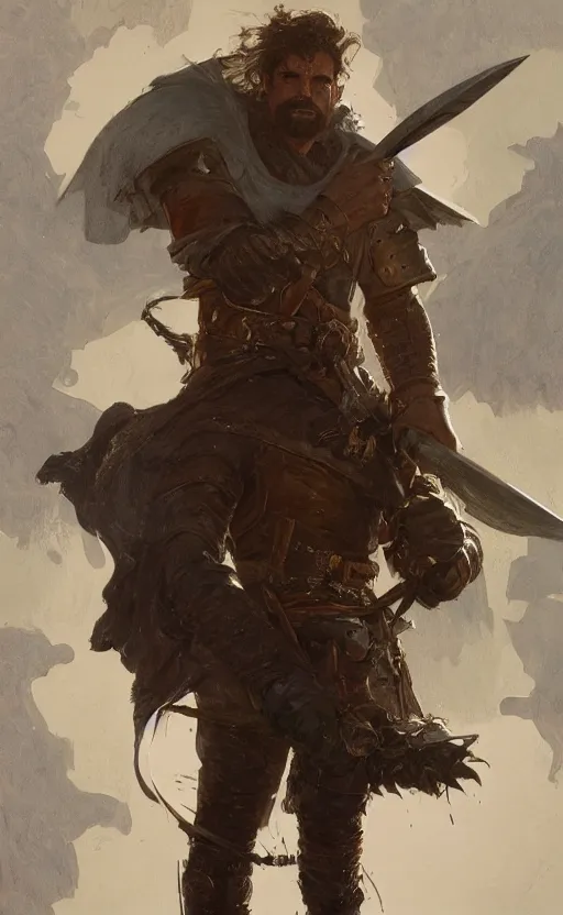 Prompt: '' Portrait of a rugged adventurer with a leather armor holding a big sword getting ready for battle, d&d, fantasy, high detail, digital painting, artstation, concept art, sharp focus, illustration, art by greg rutkowski and alphonse mucha ''