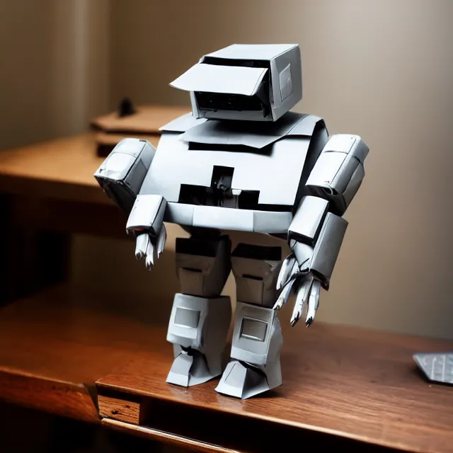 Image similar to a photograph of an origami of a cool robot playing a roland synthesizer on top of a wooden table