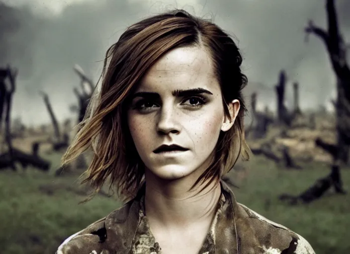 Prompt: emma watson portrait, battle of khe sanh, landscape background burned trees,