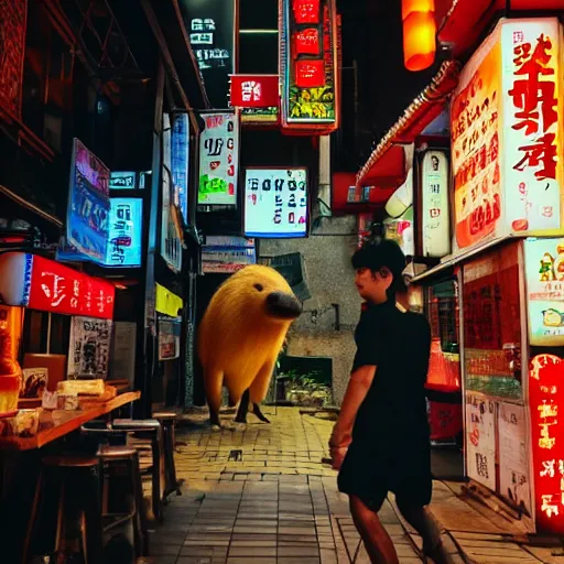 Image similar to capybara drinking bubble tea in cyberpunk seoul