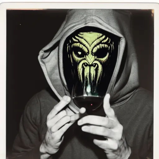 Prompt: surreal, photo of man in realistic cthulhu mask in a hoodie, holding a glass of wine, 8 0 - s fashion, polaroid photo, by warhol,