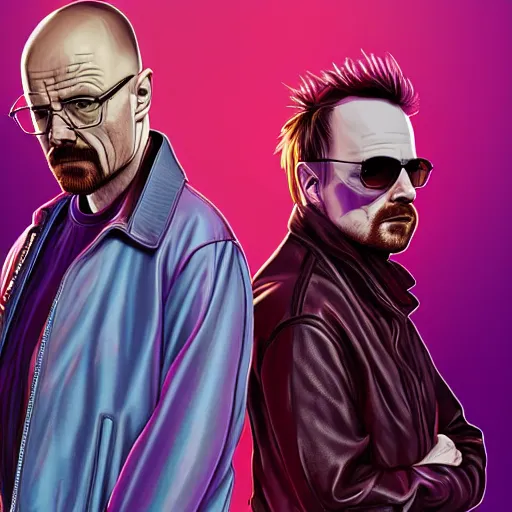 Image similar to walter white mounting jesse pinkman, and a purple coloured leather jacket, one side haircut, long brown hair with light blue ends, portrait, hyperdetailed, artstation, cgsociety, synthwave by tangerine dream, by jean - michel jarre, by vangelis, by john carpenter