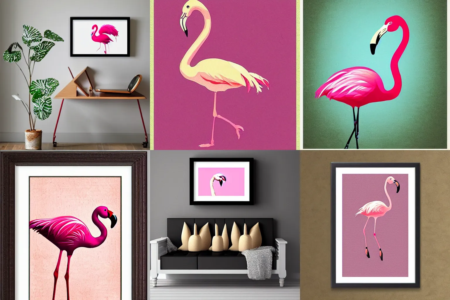 Prompt: A framed art print, of a pink flamingo, with a caption, “You can be a flamingo or a chicken…”