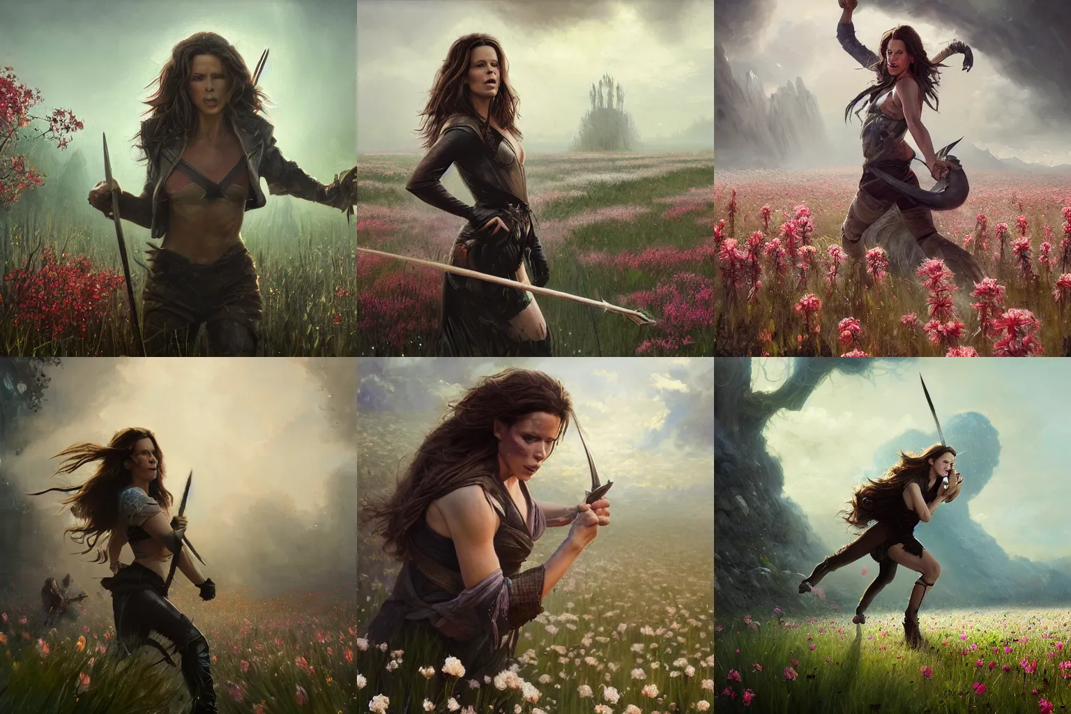 Prompt: kate beckinsale fight with troll by spear on field of flowers, oil painting, Tooth Wu, Greg Rutkowski, RPG portrait, dynamic lighting, fantasy art, High contrast, colorfull, godrays, depth of field, close up, distant view