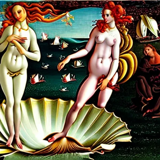 Image similar to birth of venus, steam punk!!!!!, in the style botticelli, 8 k, oil painting,
