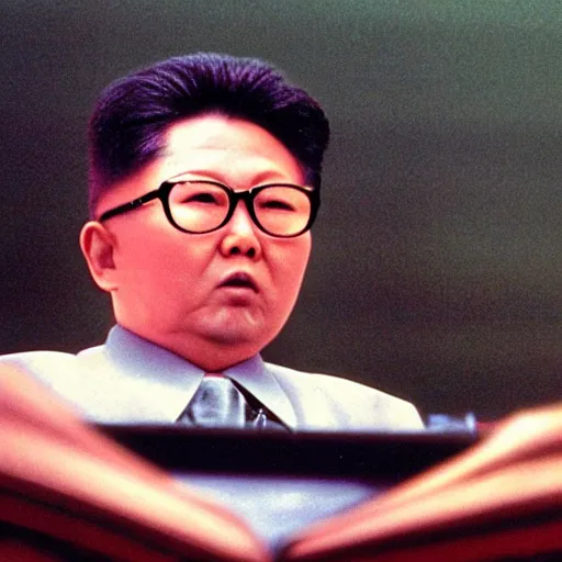 Image similar to A filmstill of Kim Jong-il looking upwards towards a movie screen projecting monster movies, cinemascope