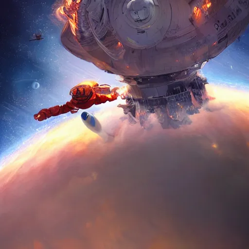 Image similar to burning incinerating 2 0 4 0 astronaut falling through the majestic clouds of jupiter, by cedric peyravernay and feng zhu, highly detailed, excellent composition, cinematic concept art, dramatic lighting, trending on artstation