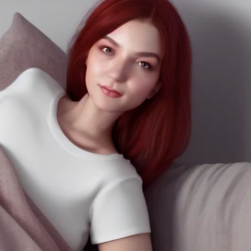 Image similar to 3 d render of a cute thin young woman, red blush, wearing casual clothes, small smile, relaxing on a couch, cuddling up under a blanket, cozy living room, medium shot, 8 k, octane render, trending on artstation, art by artgerm, unreal engine 5, hyperrealism, hyperdetailed, ultra realistic