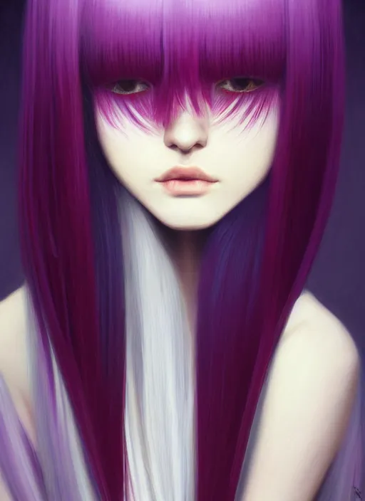 Image similar to hair whitebangs hair, black hair, whitebangs, portrait of teenage girl with white bangs, red irises, purple clothes, white bangs, bangs are different color from hair, intricate, elegant, glowing lights, highly detailed, digital painting, artstation, concept art, smooth, sharp focus, illustration, art by wlop, mars ravelo and greg rutkowski