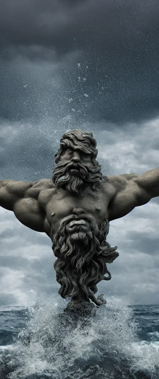 Prompt: stone bust of poseidon in the ocean, heavy waves, dark clouds, vivid, atmospheric, rainy, realistic, ultra detail, somber, hd, octane render, featured on artstation