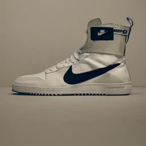 Image similar to a studio photoshoot of A Nike high top sneaker designed by Virgil Abloh, leather and suede, Off-White, realistic, color film photography by Tlyer Mitchell, 35 mm, graflex