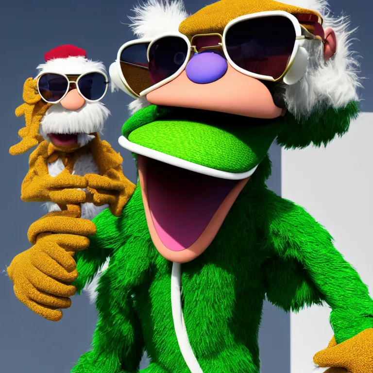 Prompt: photorealistic 3 d gonzo muppet, styled bored ape yacht club nft, green cap, mutant features with fair skin, damaged and matted fur, wearing wayfinder sunglasses, white hoodie for clothes, wearing a gold medallion, hd, octane render