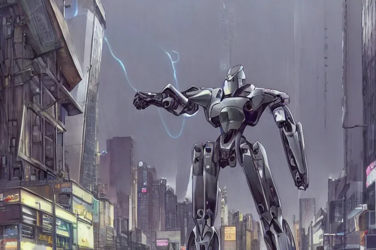 Image similar to late 2 0 1 0 s cg anime screenshot of a sleek, slender, human - scale mecha suit defending the city streets, designed by hideaki anno, drawn by tsutomu nihei, and painted by zdzislaw beksinski