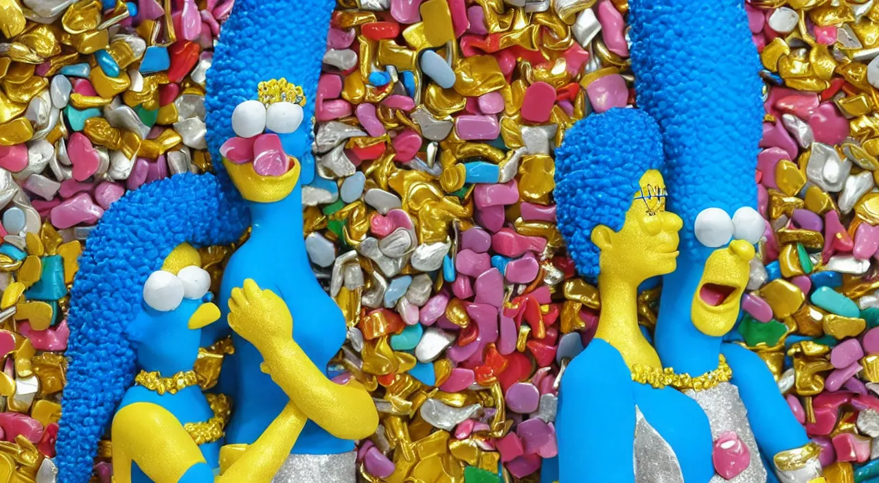 Prompt: a colorful gum sculpture of Marge Simpson made of gold and silver