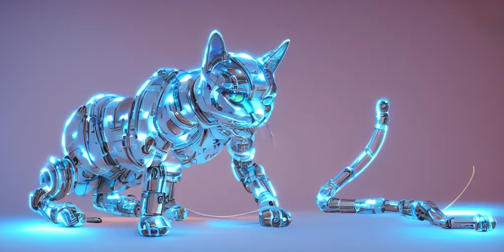 Prompt: a modern cybernetic cat, made from porcelain and steel, insane reflexions, glowing blue lights, pastel colored, daylight, peaceful, 8 k, ambient occlusion, octane render