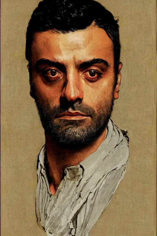 Prompt: body portrait of Oscar Isaac, colour painting by norman rockwell, guidi prime background by carl spitzweg