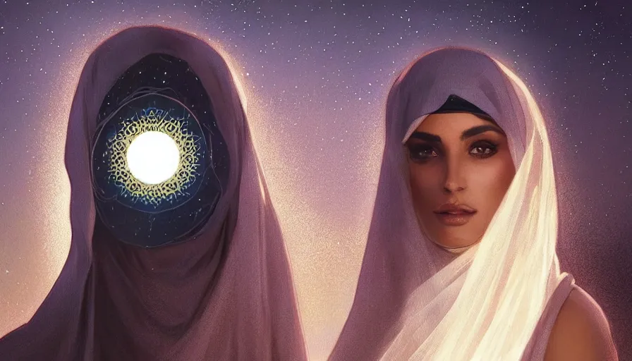 Image similar to Portrait of very very very very beautiful Arab woman wearing a Niqab, under giant full moon in the desert, intricate, glowing magical eyes, energy trails, elegant, highly detailed, digital painting, artstation, concept art, smooth, sharp focus, illustration, art by artgerm and greg rutkowski and alphonse mucha