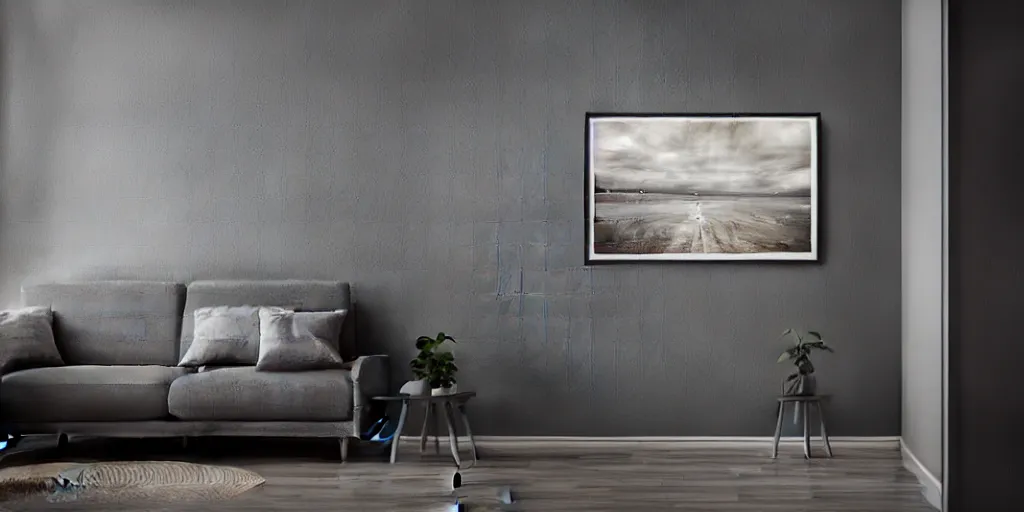 Image similar to interior design photograph of a framed oil painting in a contemporary space against a dark gray wall, realistic dramatic studio photography lighting hdr