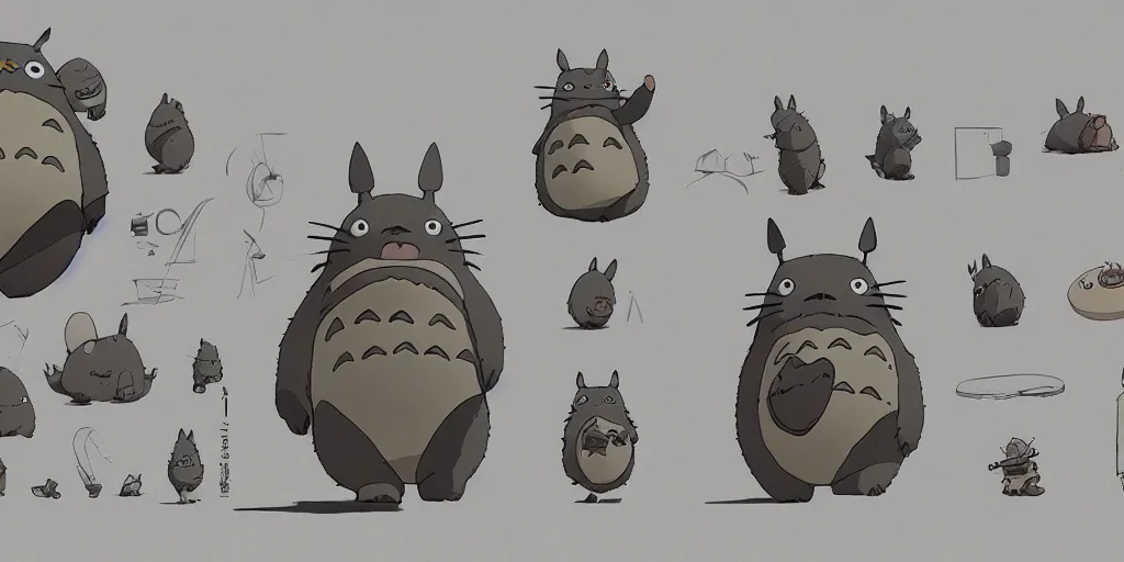 Image similar to totoro, character sheet, concept design, contrast, hot toys, kim jung gi, greg rutkowski, zabrocki, karlkka, jayison devadas, trending on artstation, 8 k, ultra wide angle, pincushion lens effect