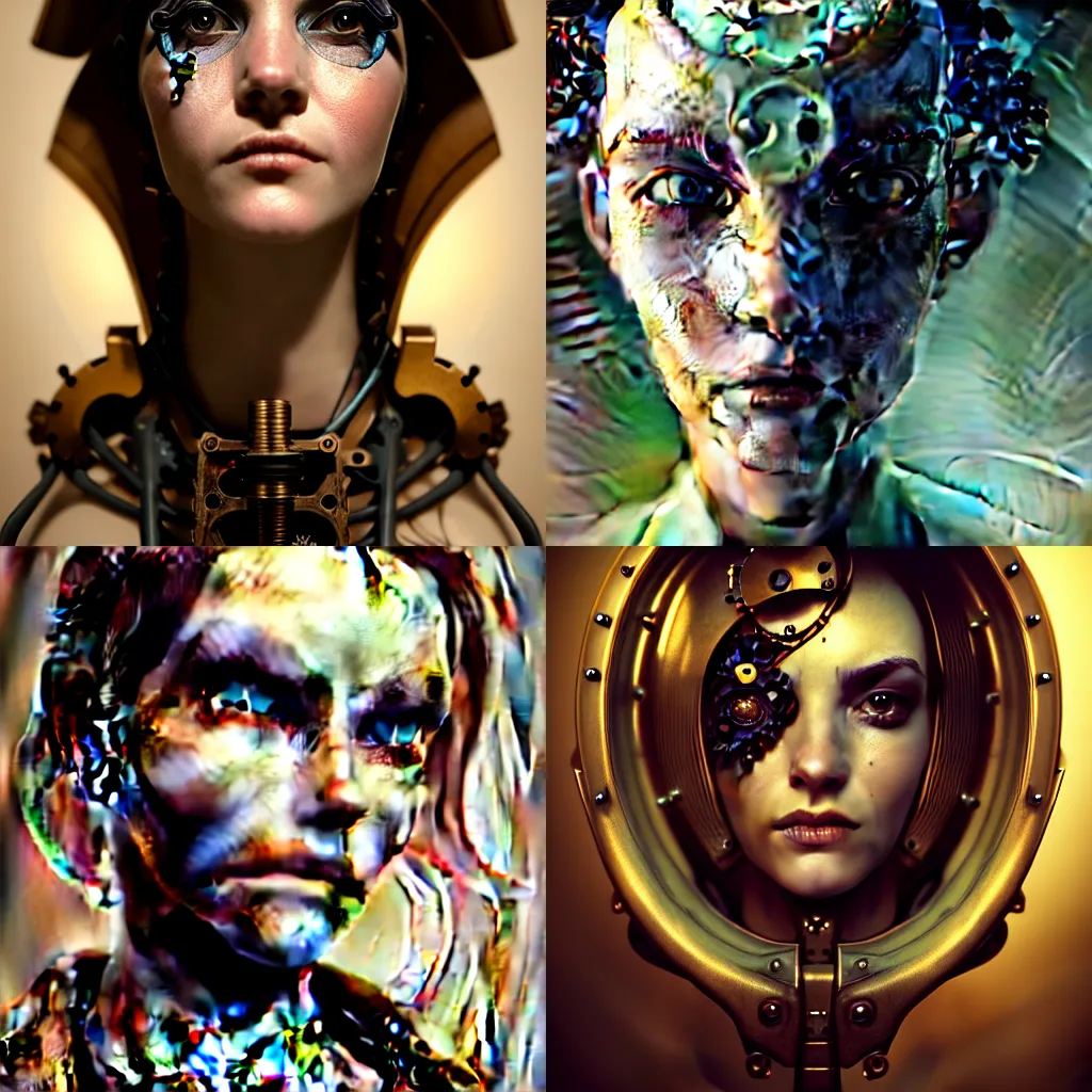 Image similar to Portrait of a beautiful steampunk female android, cracked porcelain face, steam, exposed inner gears, soulful eyes, high detail, realistic octane render