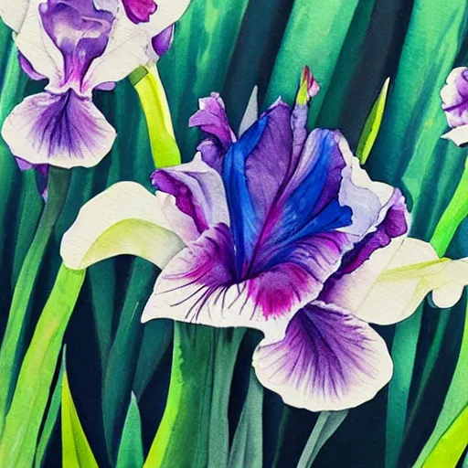 Prompt: an hybrid between an iris flower and a bird, colorful watercolor painting, soft tones