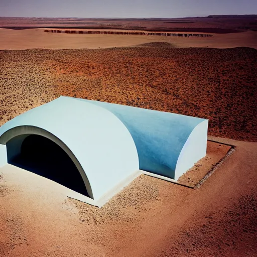 Prompt: a Non-Euclidean clay building sitting in the desert, vintage photo, beautiful cinematography, blue sky, film grain, aerial view, extreme wide shot, far away, symmetrical, in the distance, James Turrell