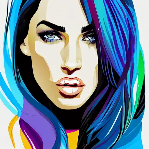 Prompt: megan fox colorful portrait arunas kacinskas, graphic design, flat color and line, sketch, minimalistic, procreate, digital illustration, vector illustration, doodle, pop, graphic, street art, editorial, sketchbook