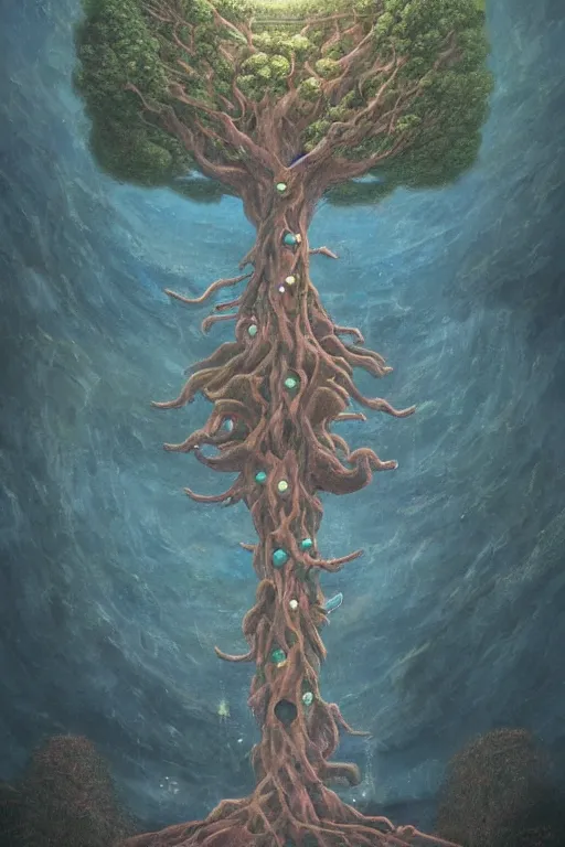 Image similar to Yggdrasil the tree of life by Shaun Tan and Hiroshi Yoshida, trending on artstation