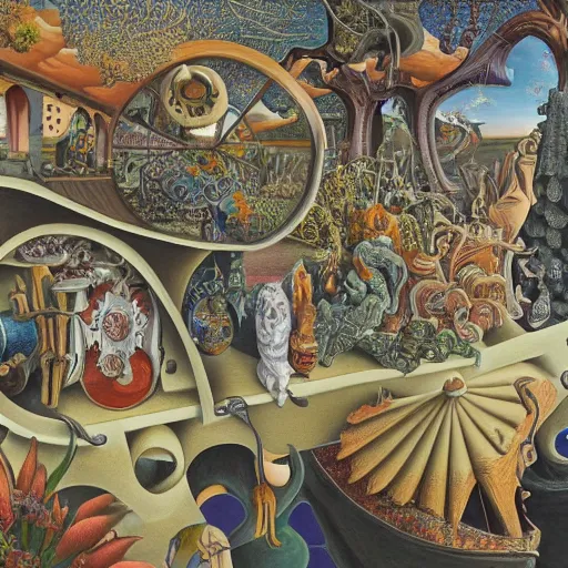 Prompt: a highly detailed intricate painting by Jackson Pollack and Bosch and Dali and MC Escher