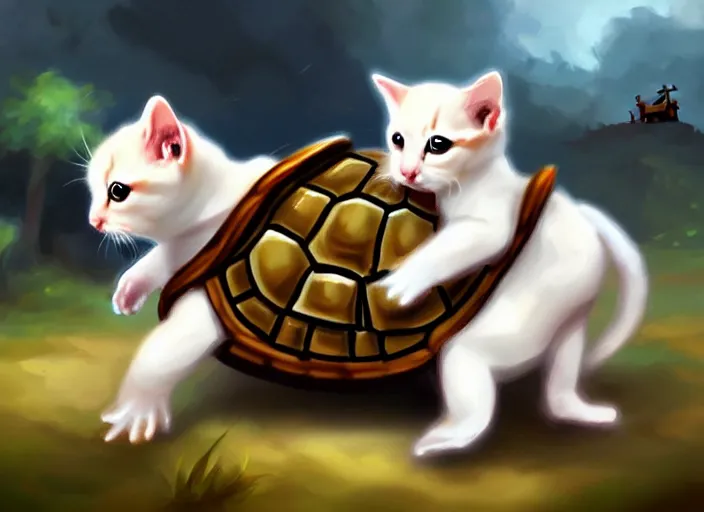 Image similar to white soldier kittens riding turtles going into battle, cute, digital oil painting, trending on artstation