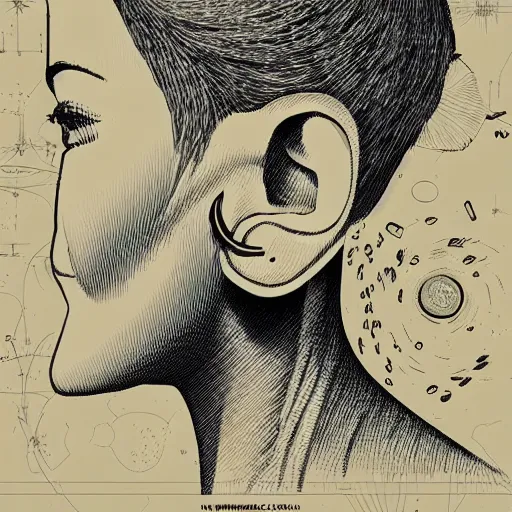 Image similar to stipple shaded illustration of a human ear, a bird looking inside the ear, by ilya kuvshinov, anatomy book, retro flat colors, retrofuturism