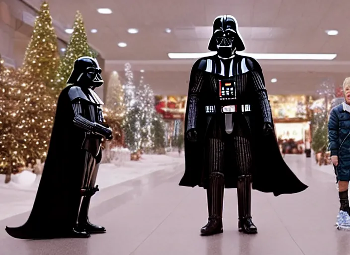 Prompt: film still of Darth Vader goes to the mall at Christmas time in the new Star Wars movie, 4k