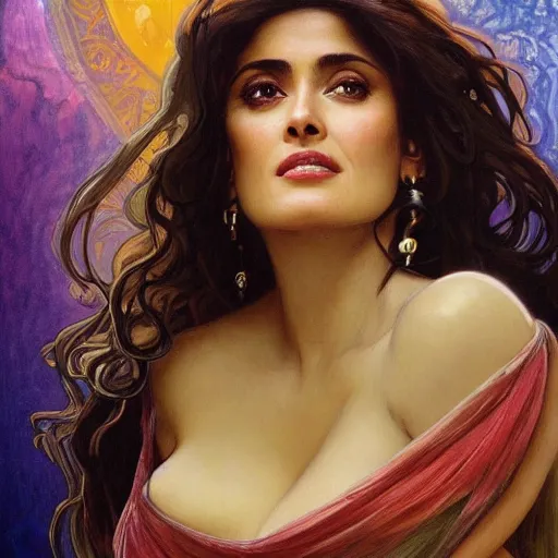 Image similar to salma hayek head and shoulders portrait by alfons mucha, playful, fantasy, medieval, beautiful face, perfect detailed eyes, vivid colrs, elegant, concept art, sharp focus, digital art, hyper - realistic, 4 k, unreal engine, highly detailed, hd, dramatic lighting by brom, trending on artstation