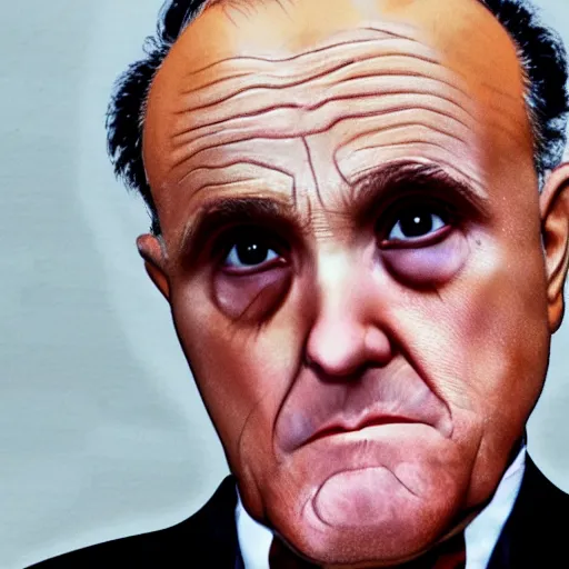 Image similar to closeup hyper detailed portait film color photograph of rudy giuliani looking very upset and frightened covered in white powder holding an envelope
