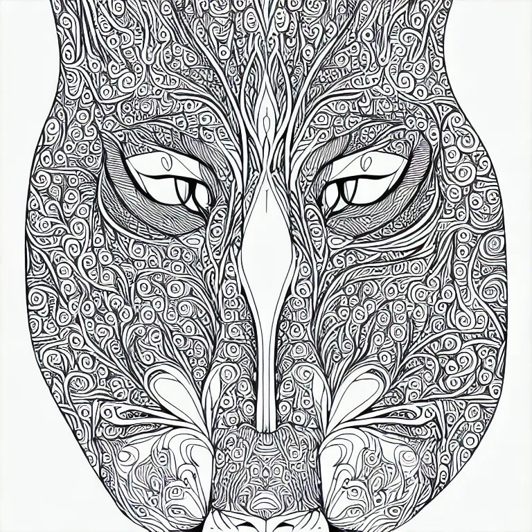 Image similar to beautiful cat's head, ornaments, fractal, line art, vector, outline, ink drawing, simplified, colouring page