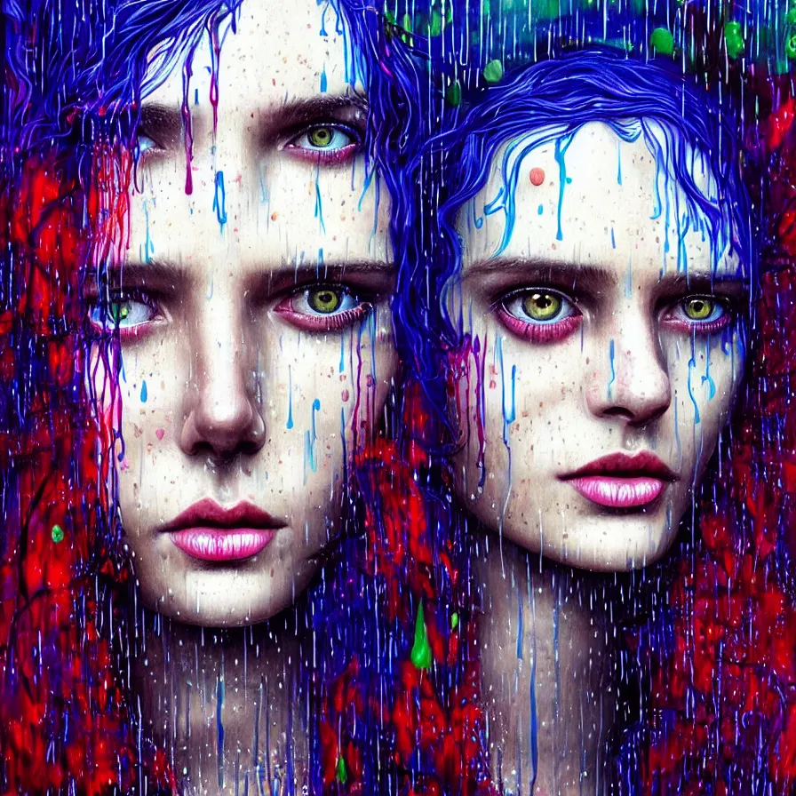 Image similar to bright asthetic portrait of LSD in rain with wet hair and face, liquid, fantasy, intricate, elegant, dramatic lighting, highly detailed, lifelike, photorealistic, digital painting, artstation, illustration, concept art, smooth, sharp focus, art by John Collier and Albert Aublet and Krenz Cushart and Artem Demura and Alphonse Mucha