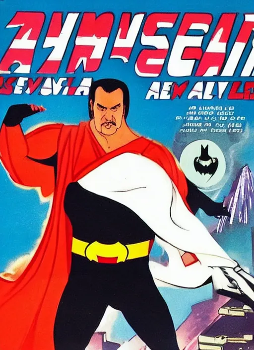 Image similar to an 8 0's john alvin superhero movie poster starring steven seagal as the character fat batman